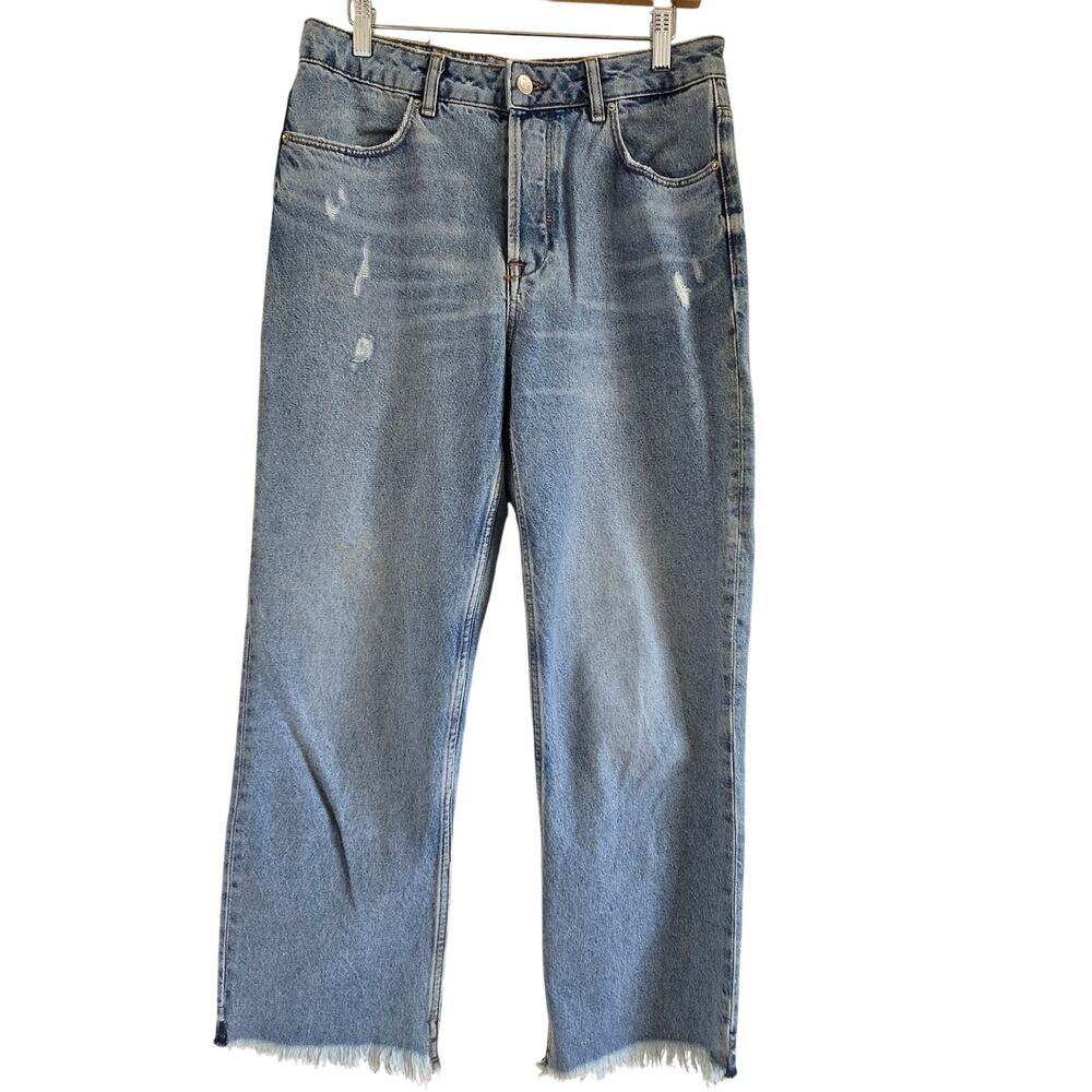 Zara High Waisted Wide Leg Baggy Straight Jeans Size 8 Raw Hem Relaxed